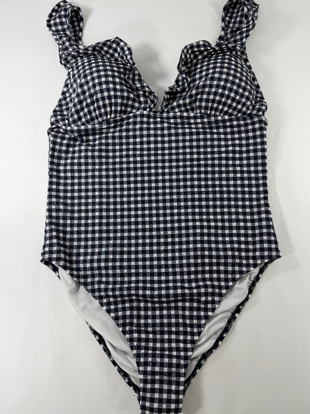 J.Crew Gingham Ruffle One Piece Swimsuit Navy White Bathing Suit Womens 14 BF247